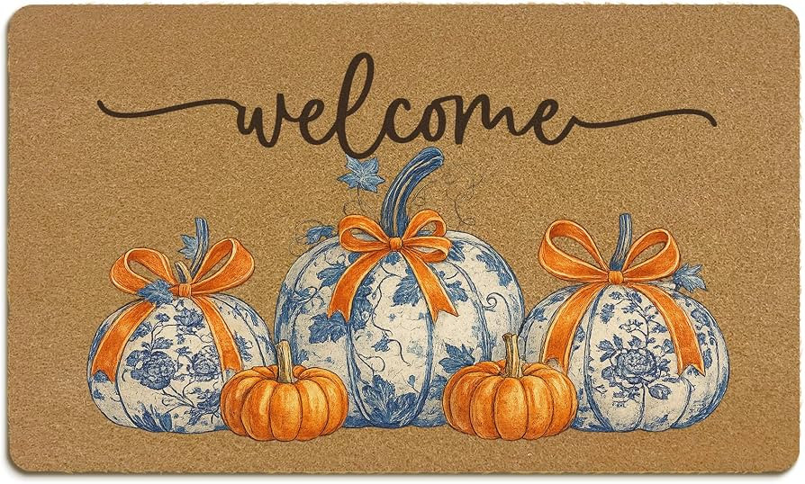 Chinoiserie Fall Pumpkin Welcome Coir Door Mat, Blue and White Orange Bow Pumpkin Welcome Mats fo... | Amazon (US)