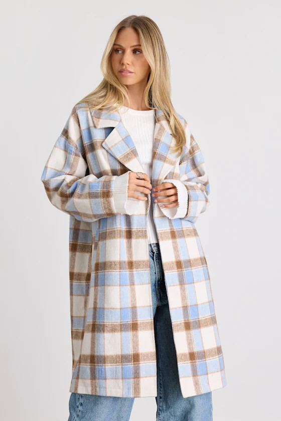 Jill Light Blue Plaid Long Coat | Lulus