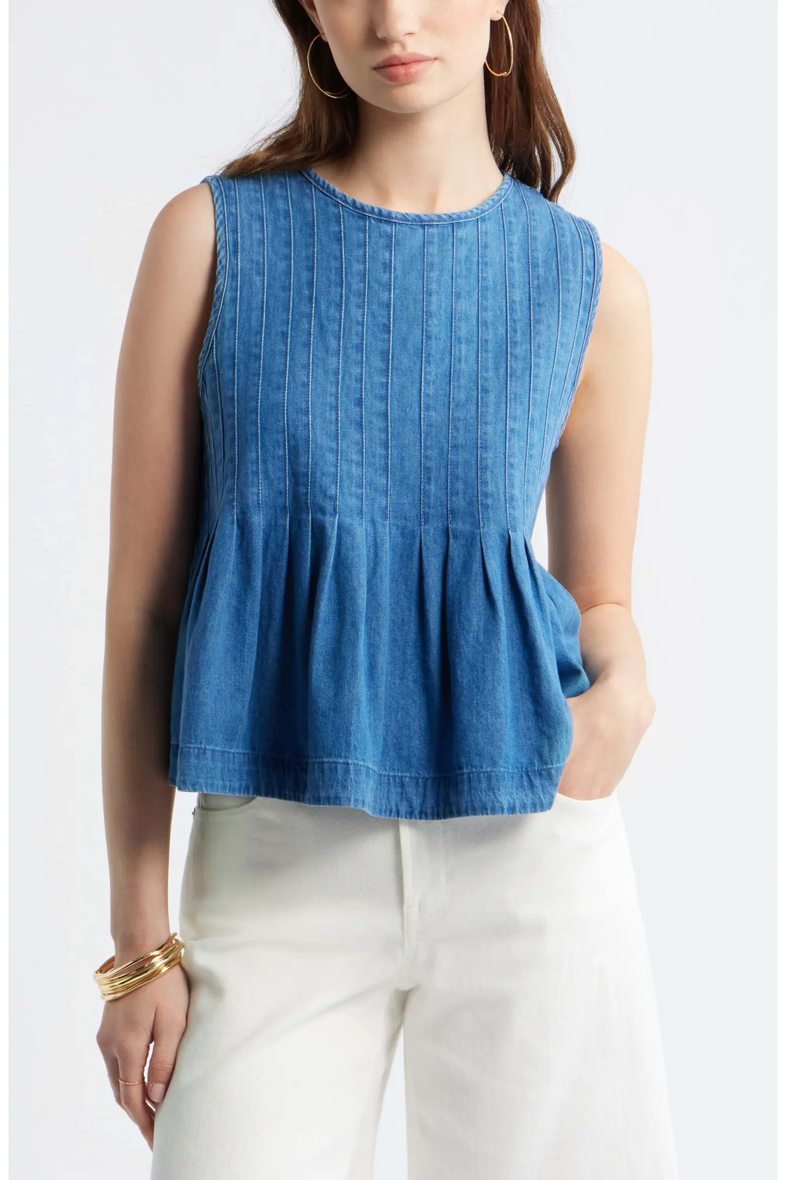 Pleated Cotton Chambray Top (Women) | Nordstrom | Nordstrom