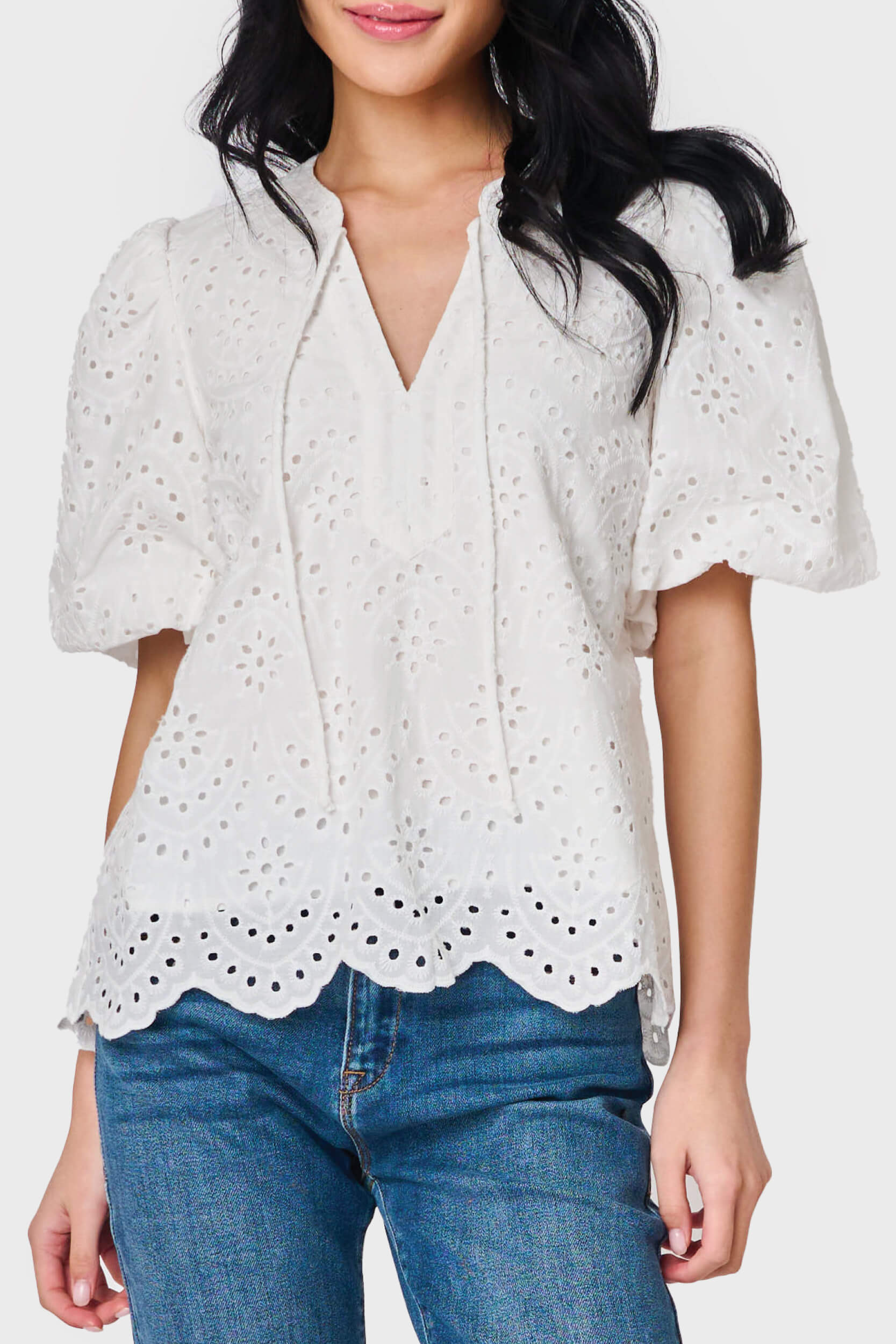 Bubble Sleeve Split Neck Top | Gibson