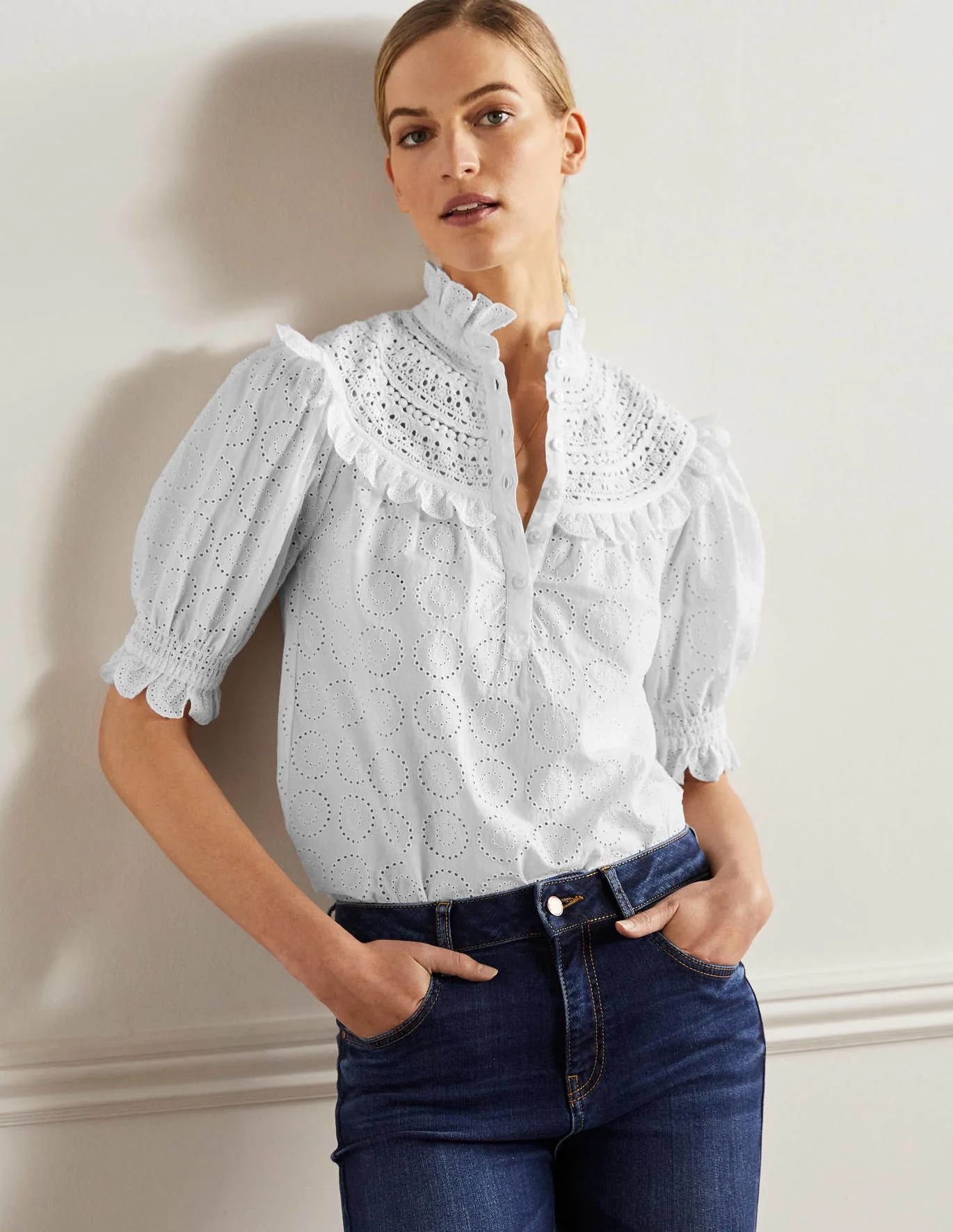 Faye Short Sleeve Broderie Top - White | Boden (US)