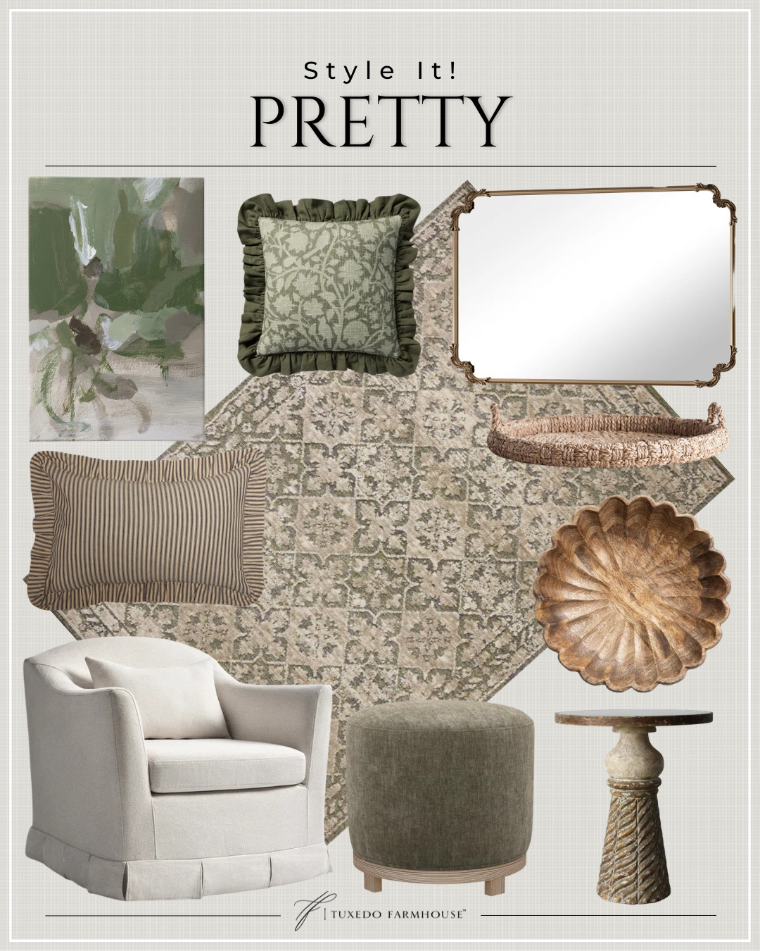✨ Style it pretty with soft greens, warm woods, and timeless textures 🤍 This look is all about creating that collected, elevated feel — layered pillows, vintage-inspired details, cozy seating, and natural elements that make a space feel effortlessly beautiful. 

 #LTKSeasonal #LTKHome #LTKSaleAlert