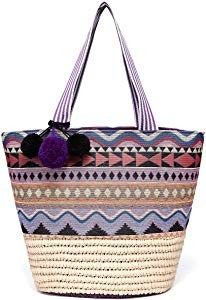 Straw Beach Tote Bag with Pom Poms, Printed Fabric Detail and Inner Pouch | Amazon (US)