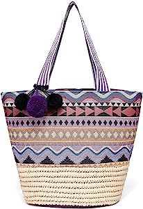 Straw Beach Tote Bag with Pom Poms, Printed Fabric Detail and Inner Pouch | Amazon (US)