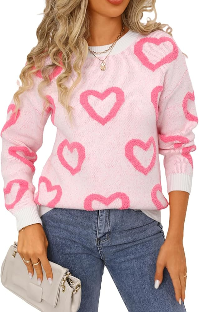 Heart Sweater for Women Valentines Cute Print Crewneck Long Sleeve Oversized Love Sweaters Knit P... | Amazon (US)