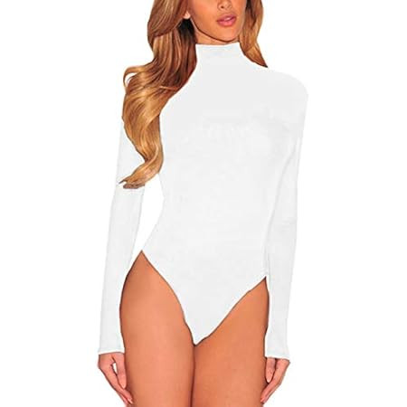 Queen.M Women's Basic Solid Bodysuit Turtleneck Leotard Top Long Sleeve Bodycon Jumpsuit Stretchy Ro | Amazon (US)