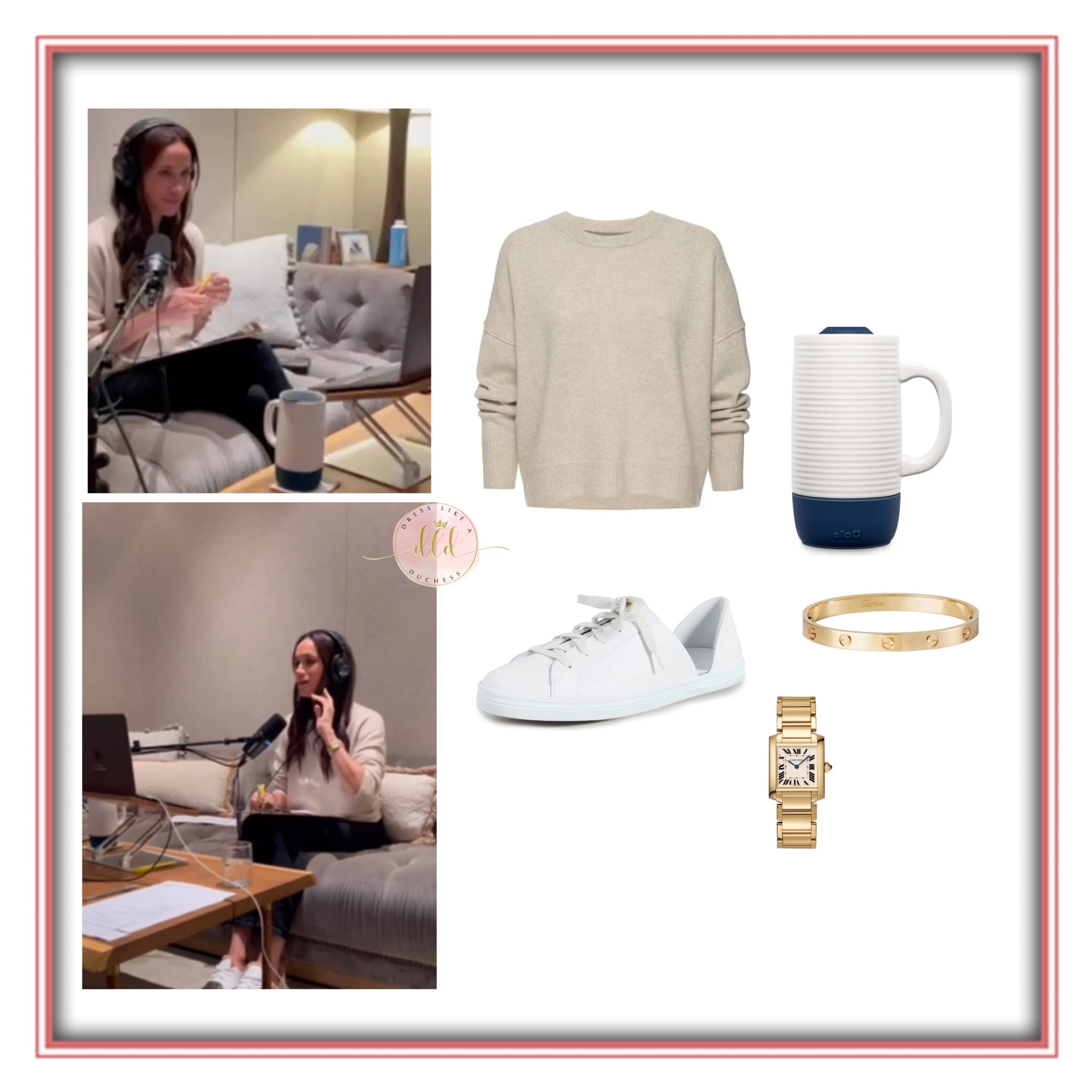 Meghan Markle behind the scenes look at recording her Confessions of a Female Founder podcast on Lemonada April 2025 wearing a Brochu Walker Everyday Cashmere Bright Crew sweater in bisque melange  +  Freda Salvador Eda D’Orsay cut-out sneakers + Ellie Jane 18 ounce travel mug in blue  