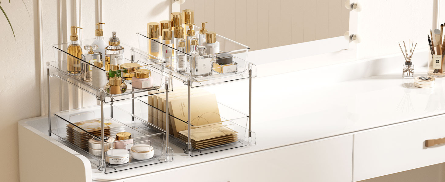 Vtopmart 4 Pack Bathroom Organizer, 2 Tier Clear Under Sink Organizers Vanity Countertop Storage ... | Amazon (US)