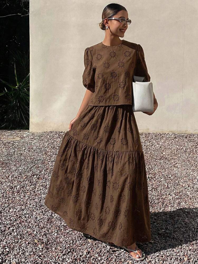 DAZY Hollow Out Puff Sleeve Lace Top Casual Cottagecore Elegant Skirt 2 Pieces Set For Women Summ... | SHEIN
