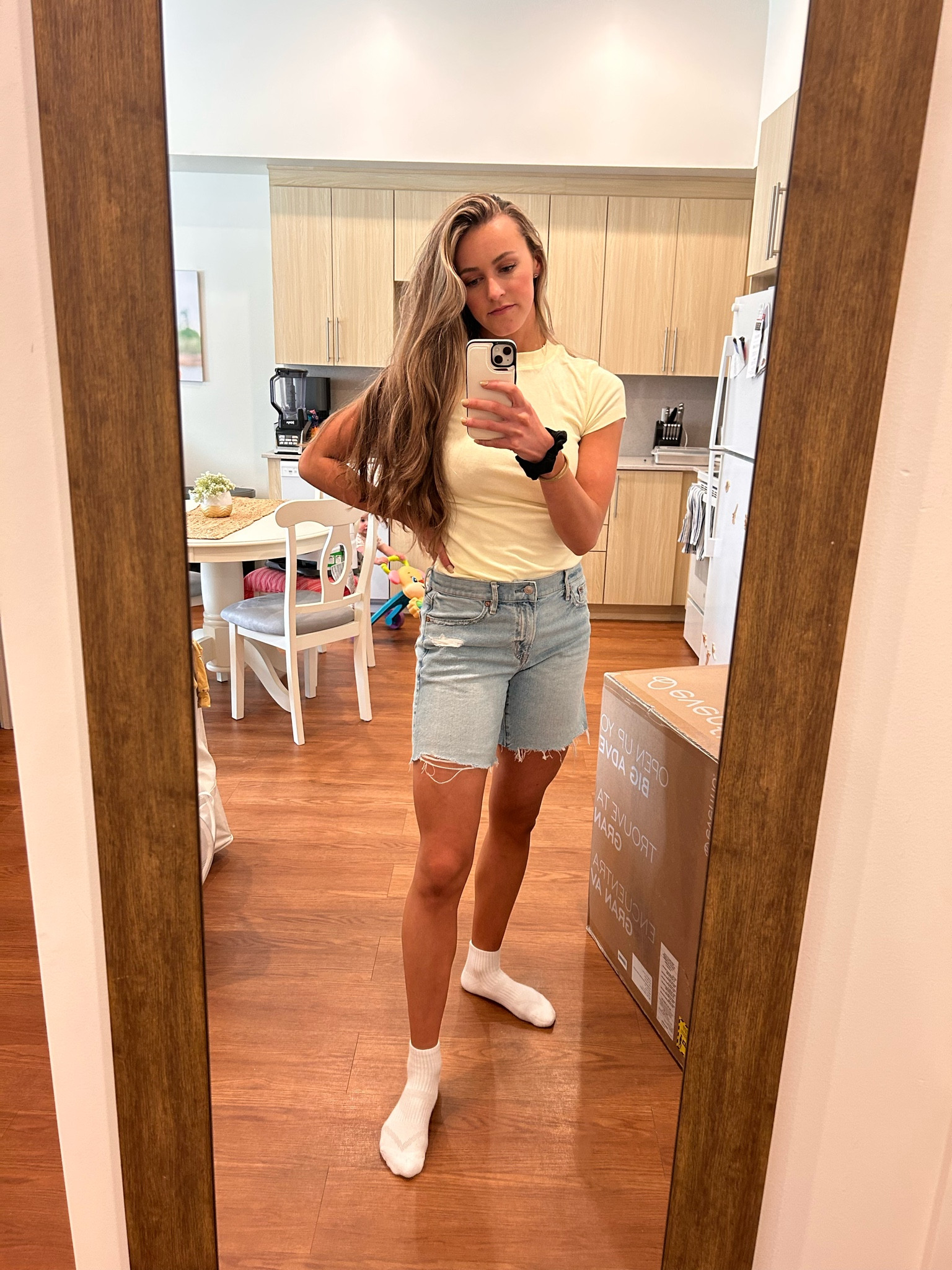 The mom shorts you’ve been searching for this summer! Light wash, frayed hem, and the perfect lived in look! 