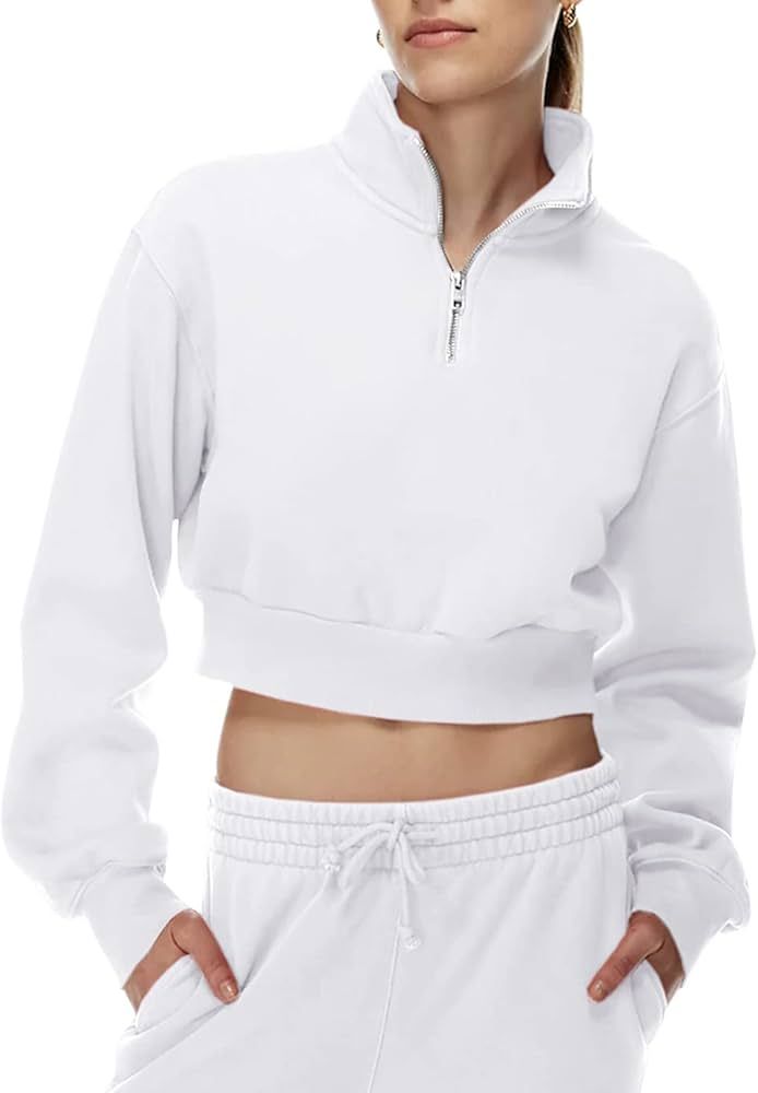 Meladyan Women’s Quarter 1/4 Zipper Collar Cropped Sweatshirt Long Sleeve Fleece Half Zip Up Crop To | Amazon (US)