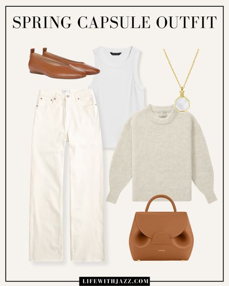 Casual/neutral spring outfit 🤍

White jeans / cream jeans / white tank / knit sweater / brown flats / brown purse / pearl necklace / casual / brunch / weekend / coffee date 

#LTKstyletip #LTKSeasonal