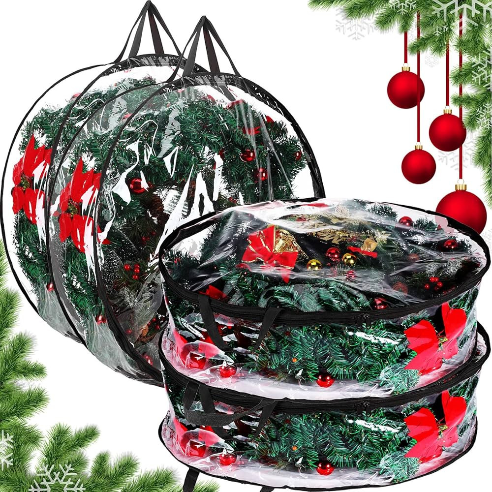 Zhengmy 30'' 24'' Christmas Wreath Storage Container - 4 Pack Clear Xmas Bags with Handle and Dua... | Amazon (US)