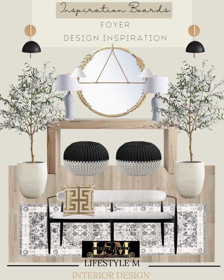 Foyer Design Inspiration. Recreate the look at home. Wood console table, black upholstered bench, throw pillow, pouf seat, white tree planter pot, faux fake tree, round brass gold mirror, brass gold foyer chandelier, wood floor tile, foyer runner rug, wall sconce light, table lamp.

#LTKstyletip #LTKFind #LTKhome