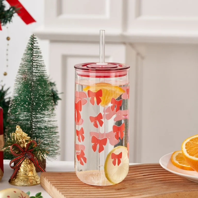 Holiday Time Glass 20oz Can Sipper Bows with Lid | Walmart (US)