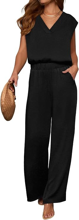 ANRABESS Women Summer 2 Piece Outfits, V-Neck Top and Wide Leg Pants Set, Comfy All-Day Wear for ... | Amazon (US)