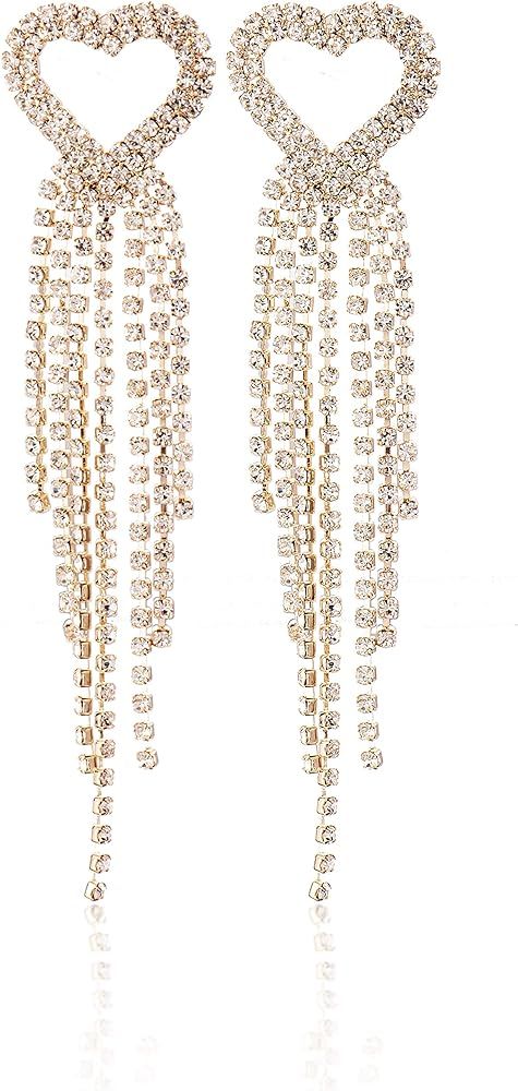 THBRO Women's Heart-Shaped Crystal Tassel Chandelier Earrings Wedding - Party - Nightclub Heart-Shap | Amazon (US)