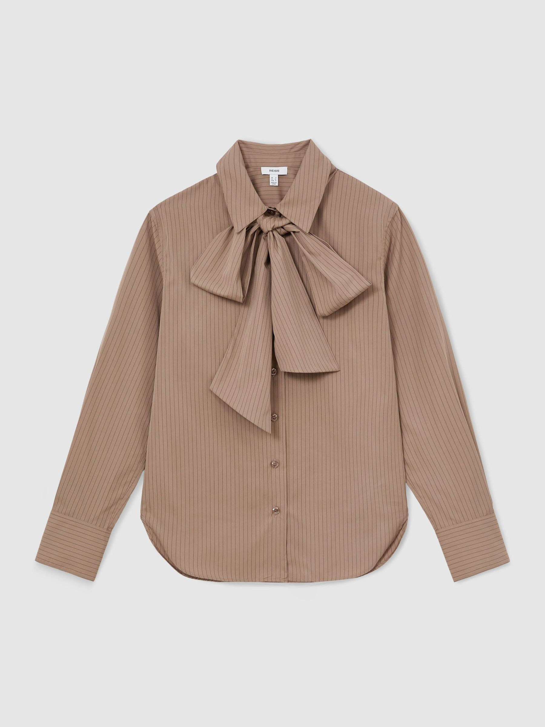 Reiss Cotton Striped Tie-Neck Shirt in Mocha Brown - REISS | Reiss UK