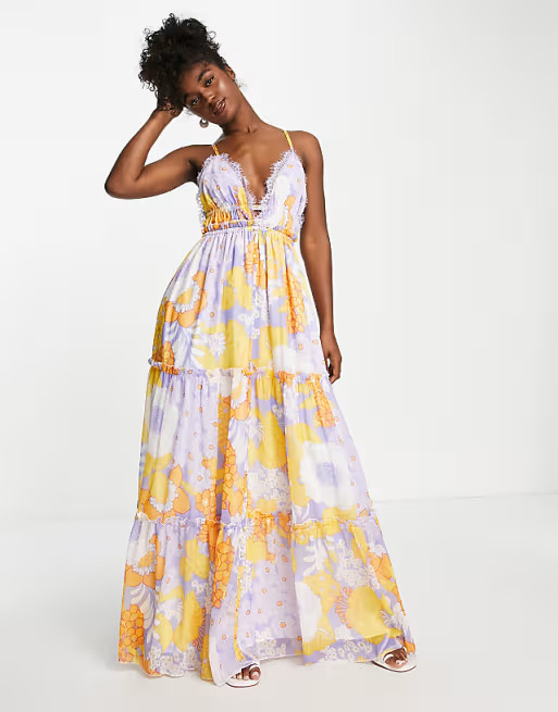 ASOS DESIGN button through tiered lace trim maxi dress in floral print | ASOS (Global)