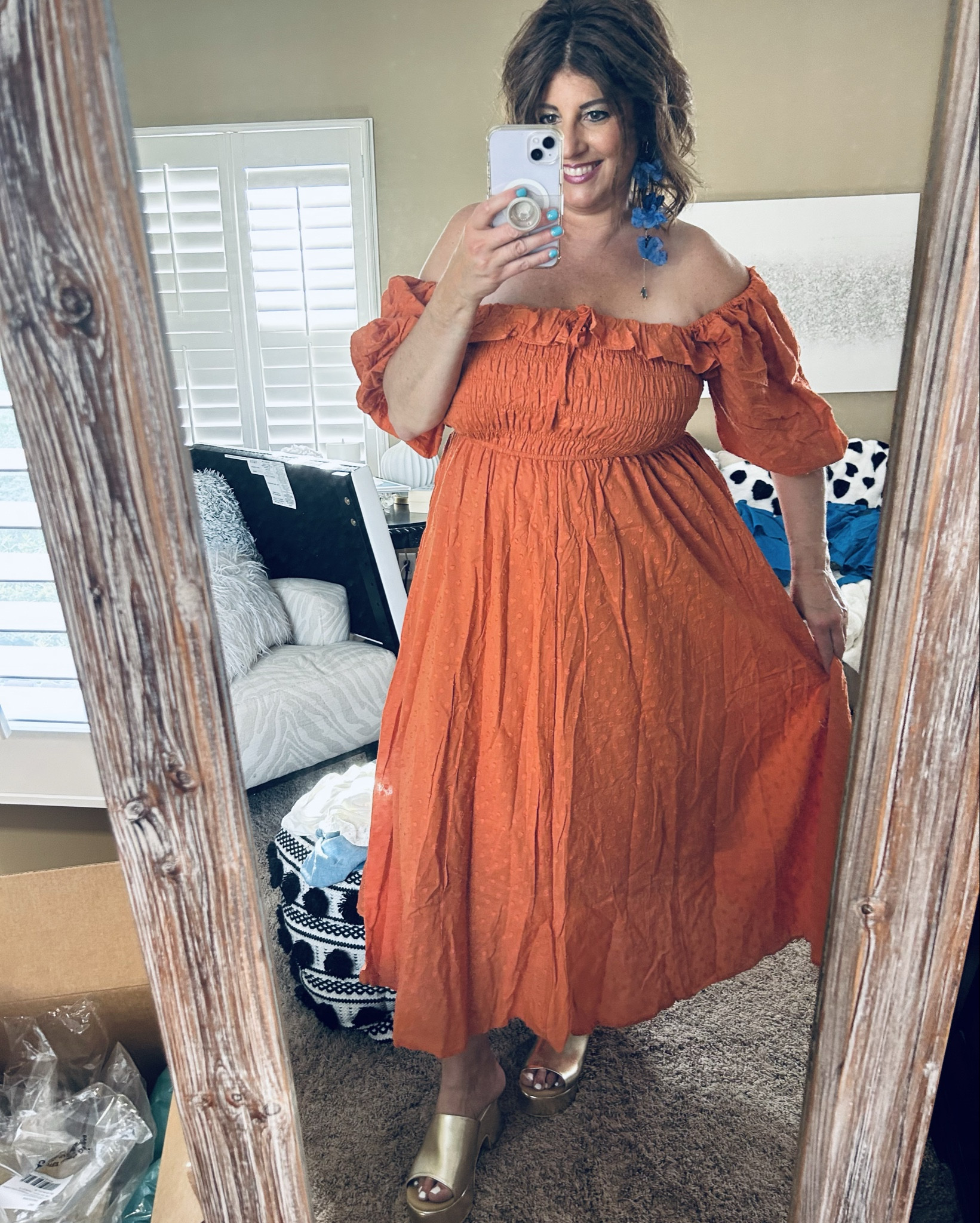 Amazon off the shoulder dress!!!! So soft and extremely comfortable!!! Obsessed!! Love the dress paired with these drop floral earrings!!!! Perfect for fall family photos, showers, weddings, graduation parties or even a night out!!!
Anthropologie 
Floral drop earrings
Big earrings
Dangle
Gold sandal
Puff sleeve

#LTKStyleTip #LTKFindsUnder50 #LTKMidsize