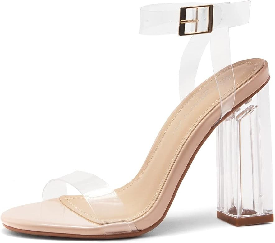 Shoe Land Womens SL-Cllaary Clear Chunky Block Heels Open Toe Ankle Strap Dress Pump Wedding Part... | Amazon (US)