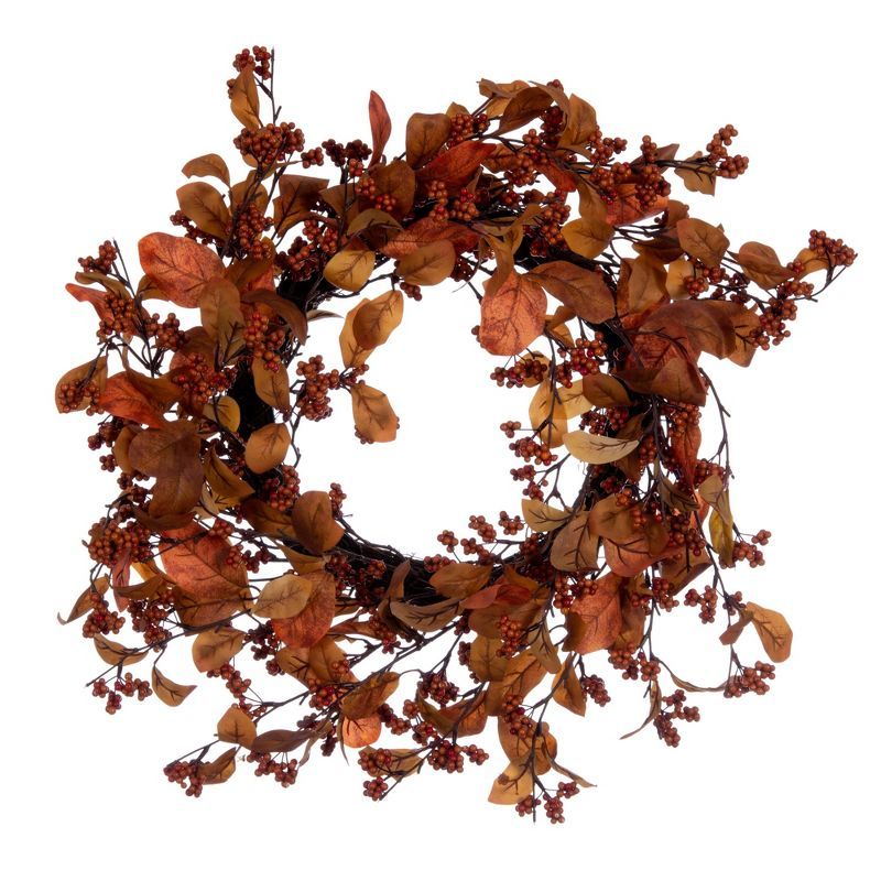 Vickerman Artificial 22" Orange Fall Leaves and Berries Wreath. Features mini orange berry accent... | Target