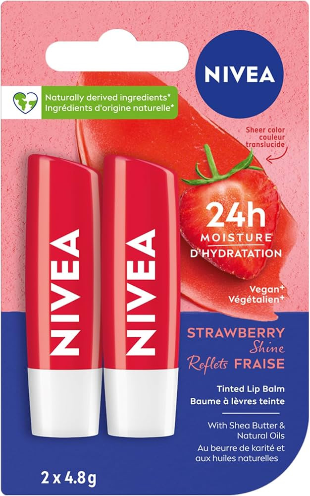 NIVEA Strawberry Shine Lip Balm (2x4.8g) | Shimmery Red Tinted Lip Care, 24H Hydration | Amazon (CA)