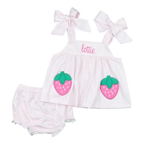 Pink Knit Stripe Applique Strawberry Diaper Set | Cecil and Lou