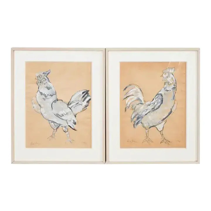 Pair of Ira Yeager Paintings of Chickens 1995 | Chairish