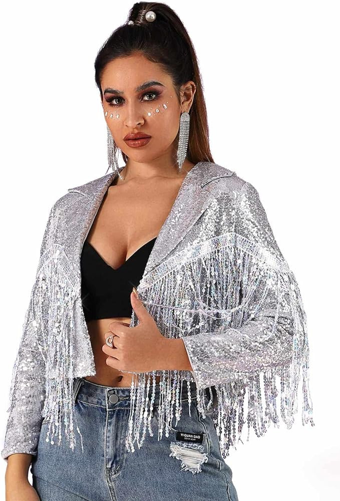 JAKAWIN Women’s Fringe New Years Eve Sequin Jacket Coat Long Sleeve Disco Theme Concert Rave Ta... | Amazon (US)