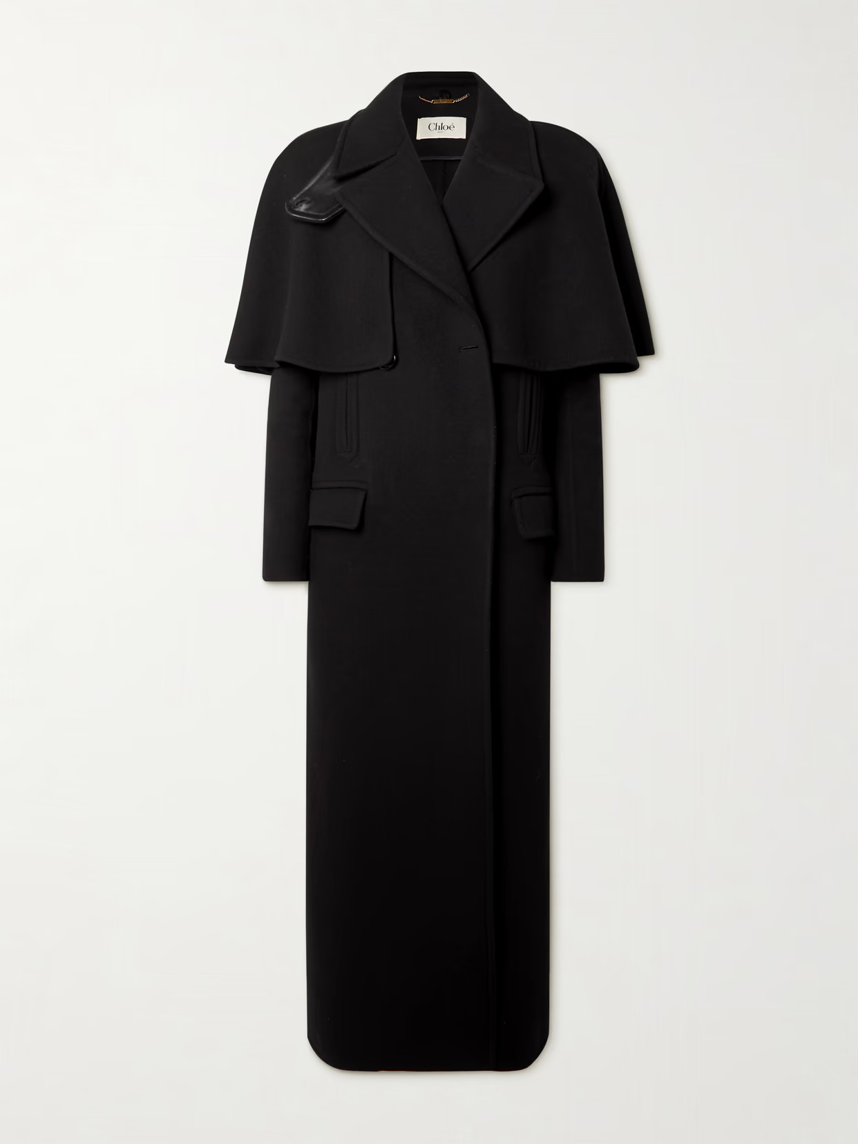 Chloé - Cape-effect Double-breasted Leather-trimmed Wool Coat - Black | NET-A-PORTER (US)