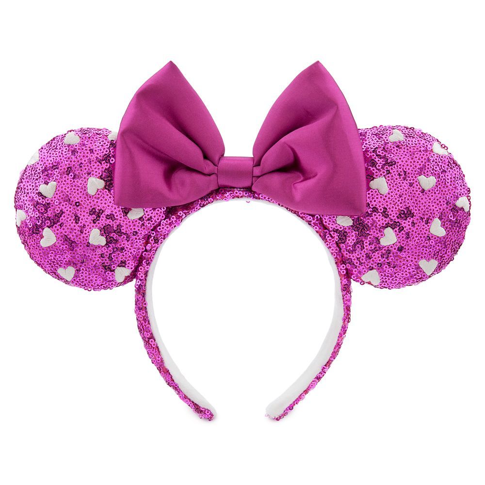 Minnie Mouse Sequined Ear Headband with Bow – Pink with Hearts | Disney Store