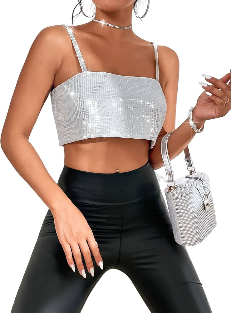 SOLY HUX Women's Sparkle Sequin Sleeveless Crop Tops Split Back Sexy Cami Top Clubwear | Amazon (US)