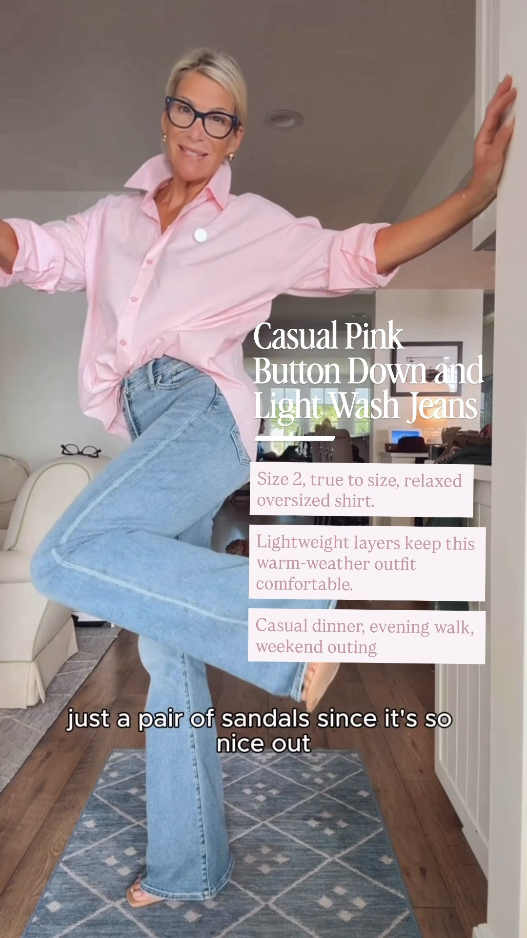 Light wash jeans and an oversized pink button down keep the look relaxed, while sandals make it comfortable for dinner or an evening walk. The lightweight scarf comes along for chilly restaurants or the walk home.

Easy, comfortable, and pulled together without trying too hard. Save this outfit idea for your next casual night out.

👩‍💻 LTK PRO TIPS
❤️ Heart = Support my posts ;-)
🔖 Save = Get sale & restock alerts for the things you love!
📋 Lists = Keep favorites organized (List ideas: Christmas, Birthdays, and Vacations!)
📲 Share = Send lists and products to a friend (or your daughters like me).
💬 Comment = Ask me anything, and I’ll answer. ;-)

#LTKootd #LTKOver40 #LTKSeasonal
