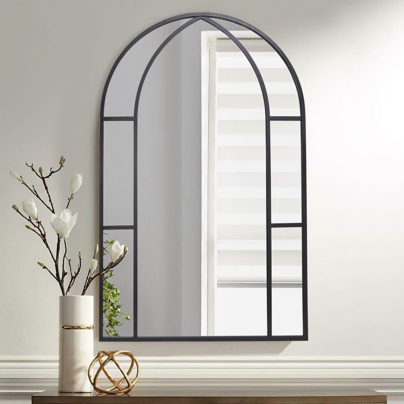 Belle Arched Windowpane Frame Metal Mirror Black Decorative Mirror - The Pop Maison | Target