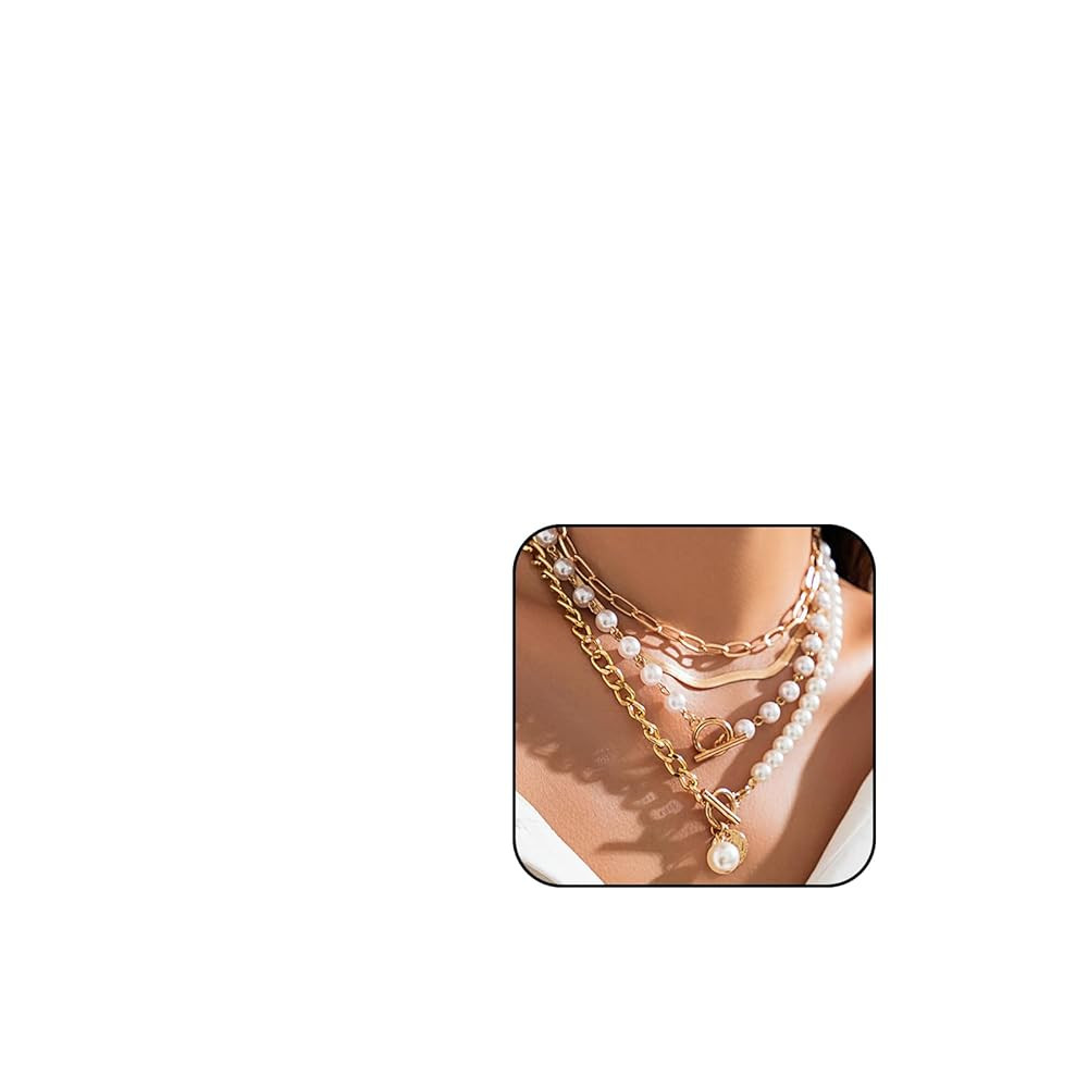 Gold Layered Chunky Necklace for Women Paperclip Chain Pearl Necklace Herringbone Necklace Gold C... | Amazon (US)