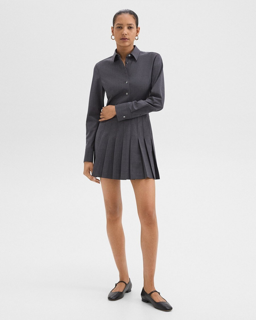 Pleated Mini Shirt Dress in Stretch Wool-Blend | Theory