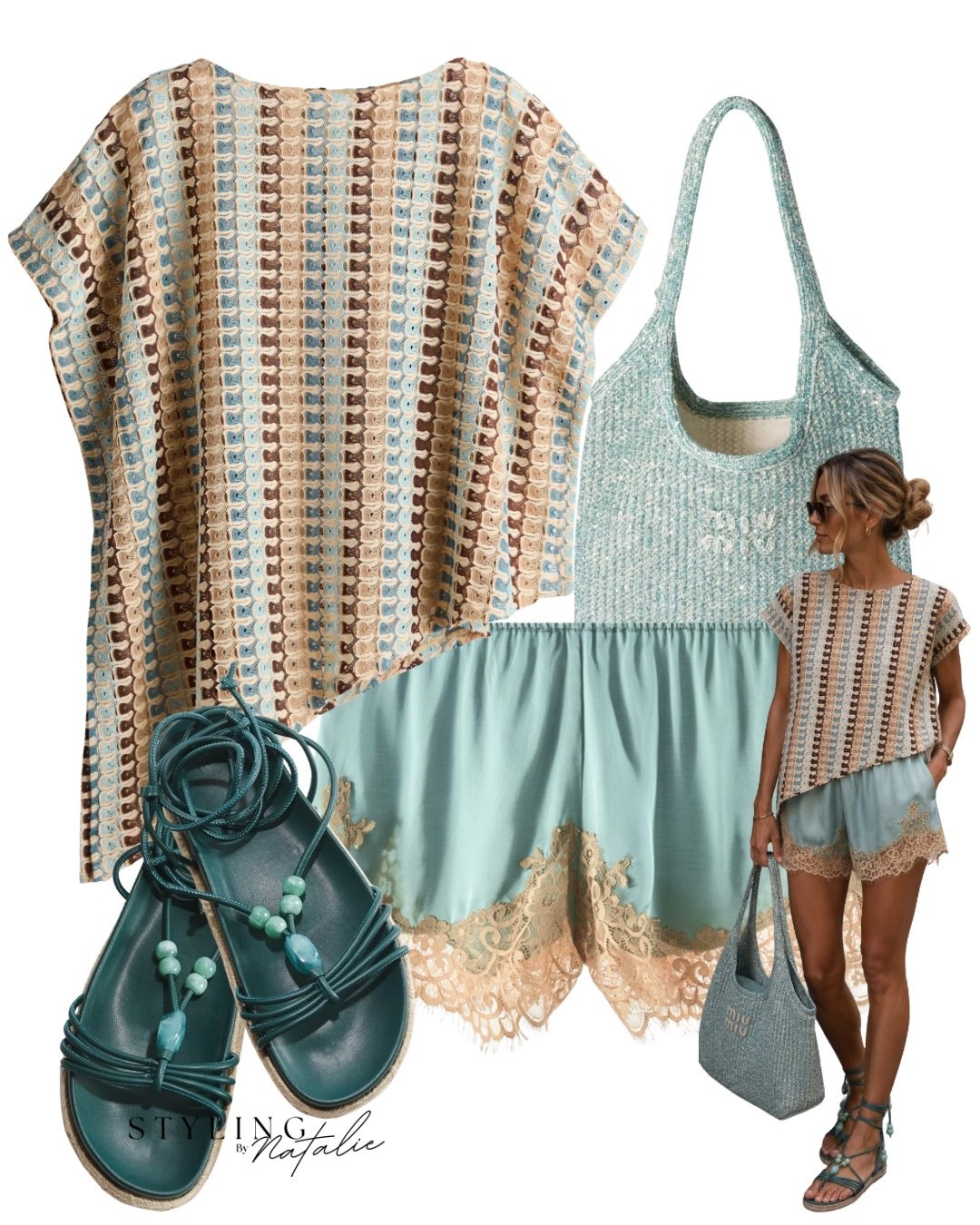 Stripe knit cape top, turquoise satin lace shorts, beaded tie up sandals and miu miu sequin tote bag. 
Summer outfit, H&M, Zara, cool girl, holiday fit, vacation style, festival

#LTKsummer #LTKuk #LTKfestival
