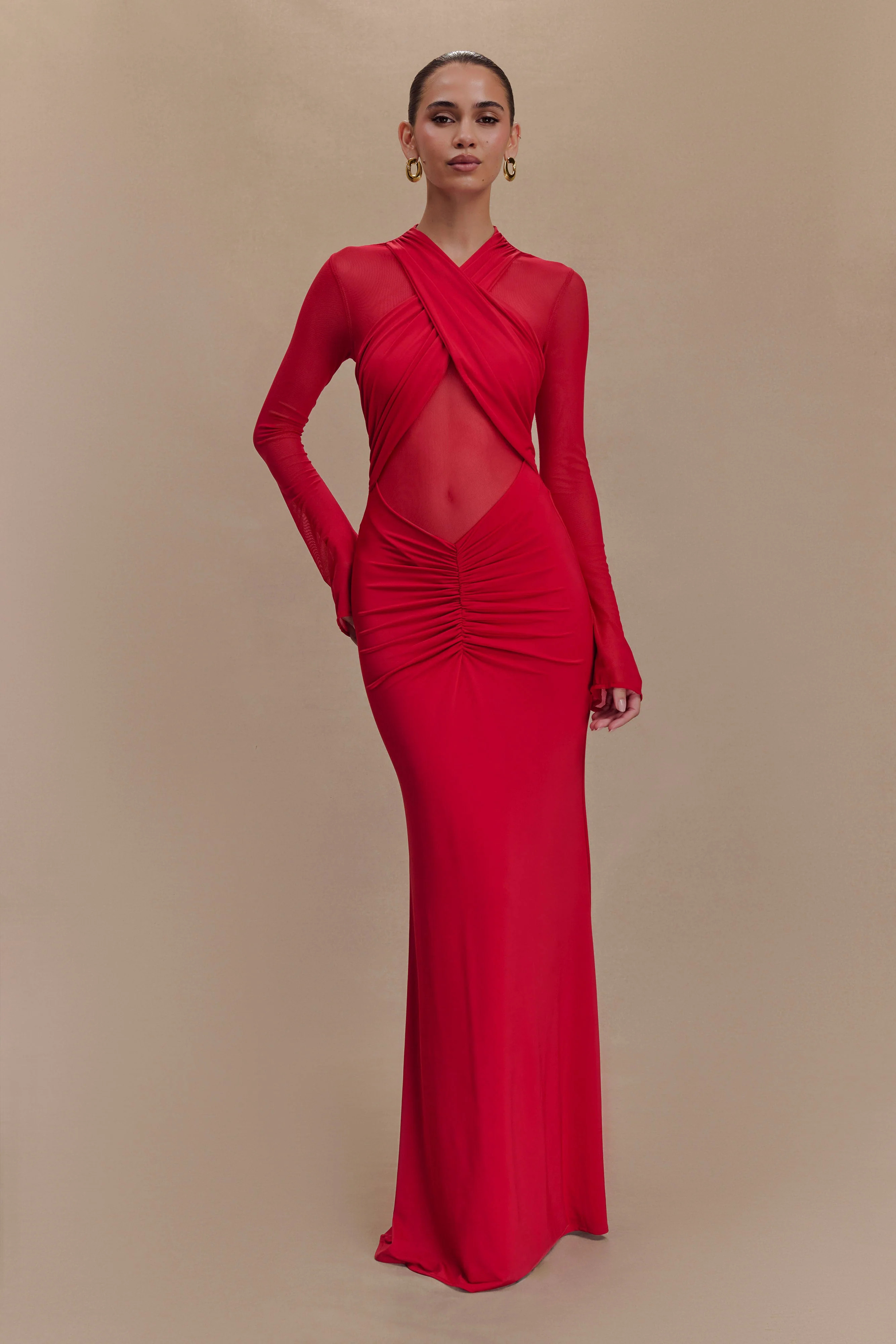 Tania Slinky And Mesh Long Sleeve Maxi Dress - Ruby | MESHKI US