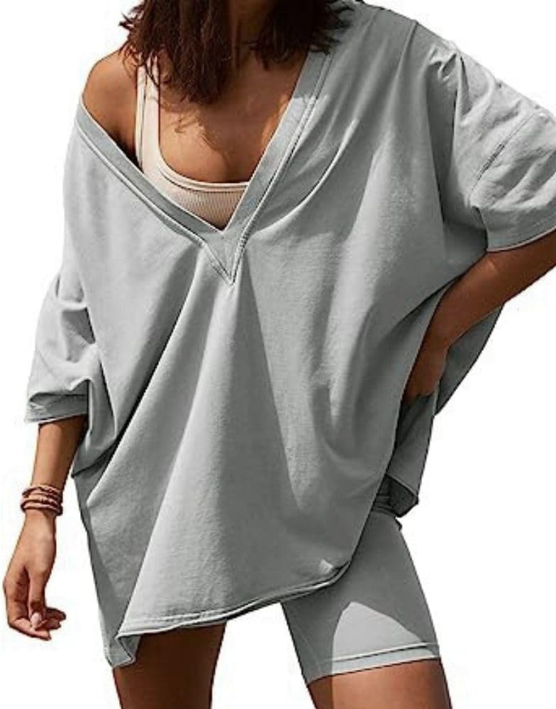 Womens 2 Piece Outfits Oversized Hot Shot Reversible set V Neck T Shirt Biker Shorts Workout Sets | Amazon (US)