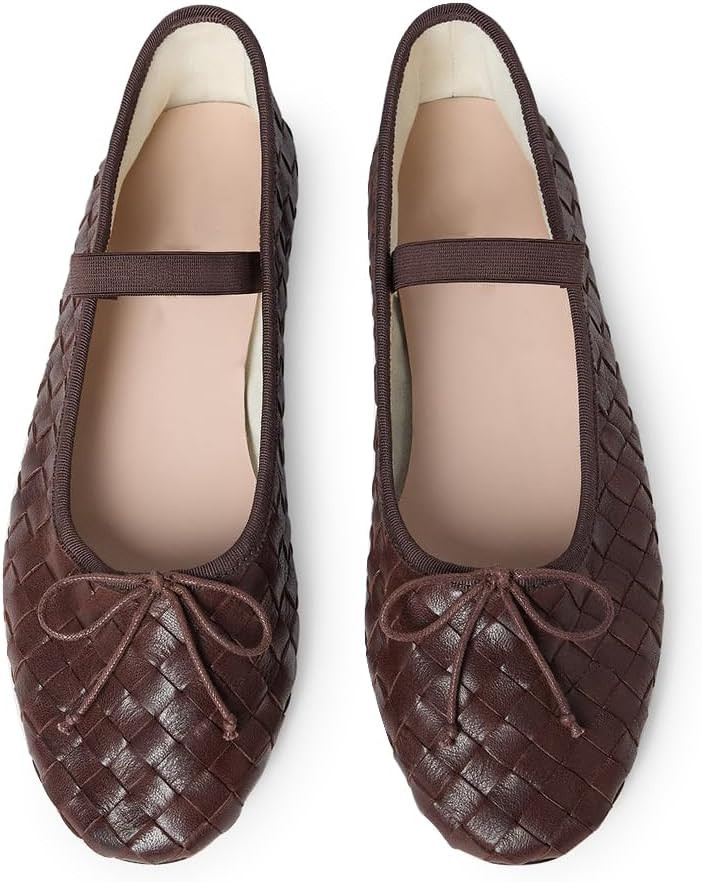 Womens Woven Ballet Flats with Bow Round Toe Slip on Mary Jane Flats Ladies Fashion Elastic Strap Ballerina Shoes | Amazon (US)