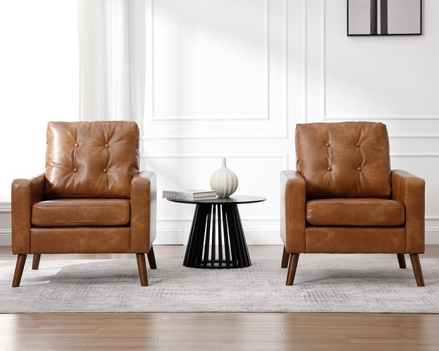 Set of 2 Mid Century Modern Armchair, Button Tufted Faux Leather Accent Chair with Arm, Upholster... | Amazon (US)