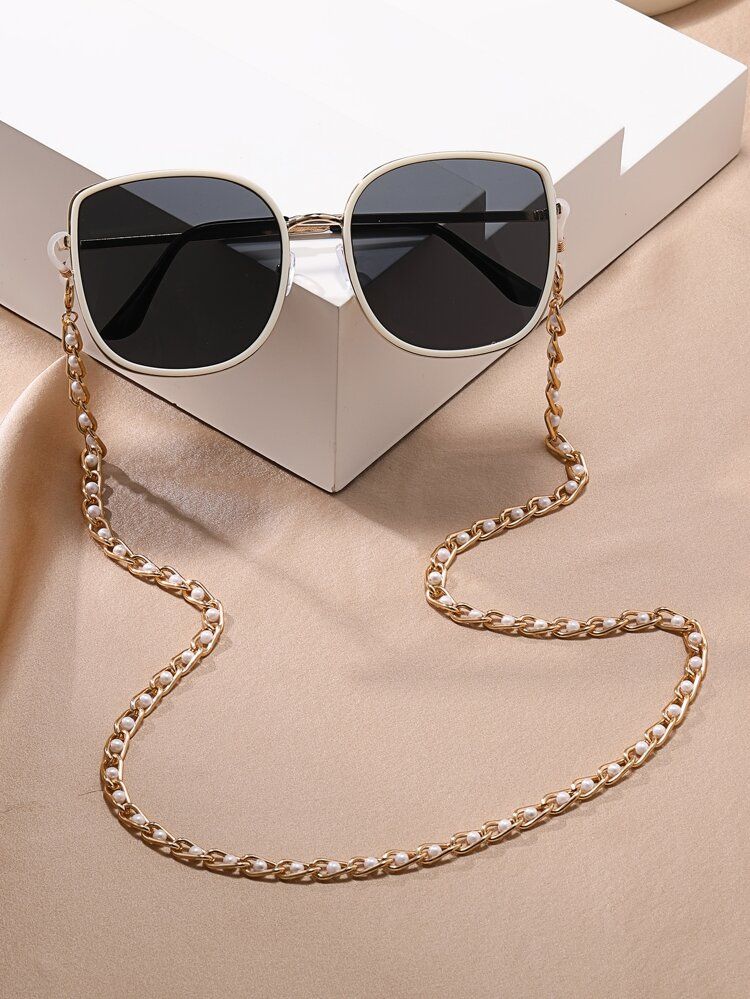 Square Frame Sunglasses With Faux Pearl Decor Sunglasses Chain | SHEIN