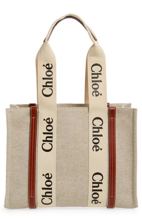 Chloé Medium Woody Logo Strap Canvas Tote in White - Brown 1 at Nordstrom | Nordstrom