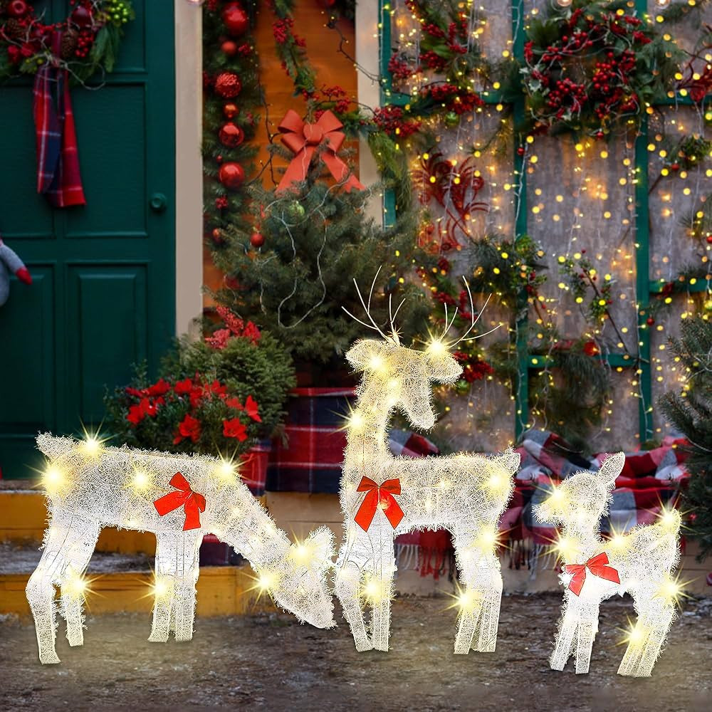 Joliyoou 2D Christmas Yard Decoration, Set of 3 Pre-lit Reindeer with 60 LEDs Warm White Lights f... | Amazon (US)