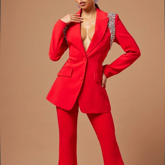 Claire Embellished Blazer Pant Suit Set - Red | Poshmark