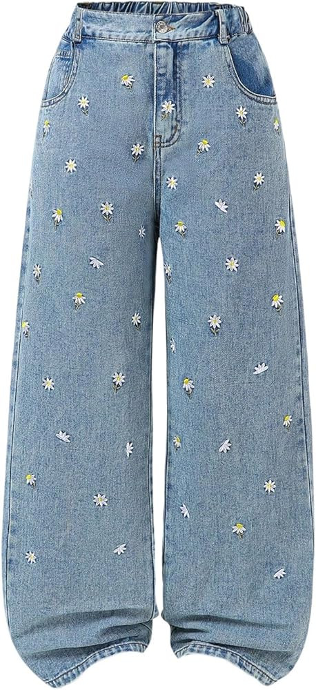 BEAUDRM Girl's Baggy Jeans Y2K Floral Embroidery Elastic Waist Straight Leg Denim Pants with Pock... | Amazon (US)