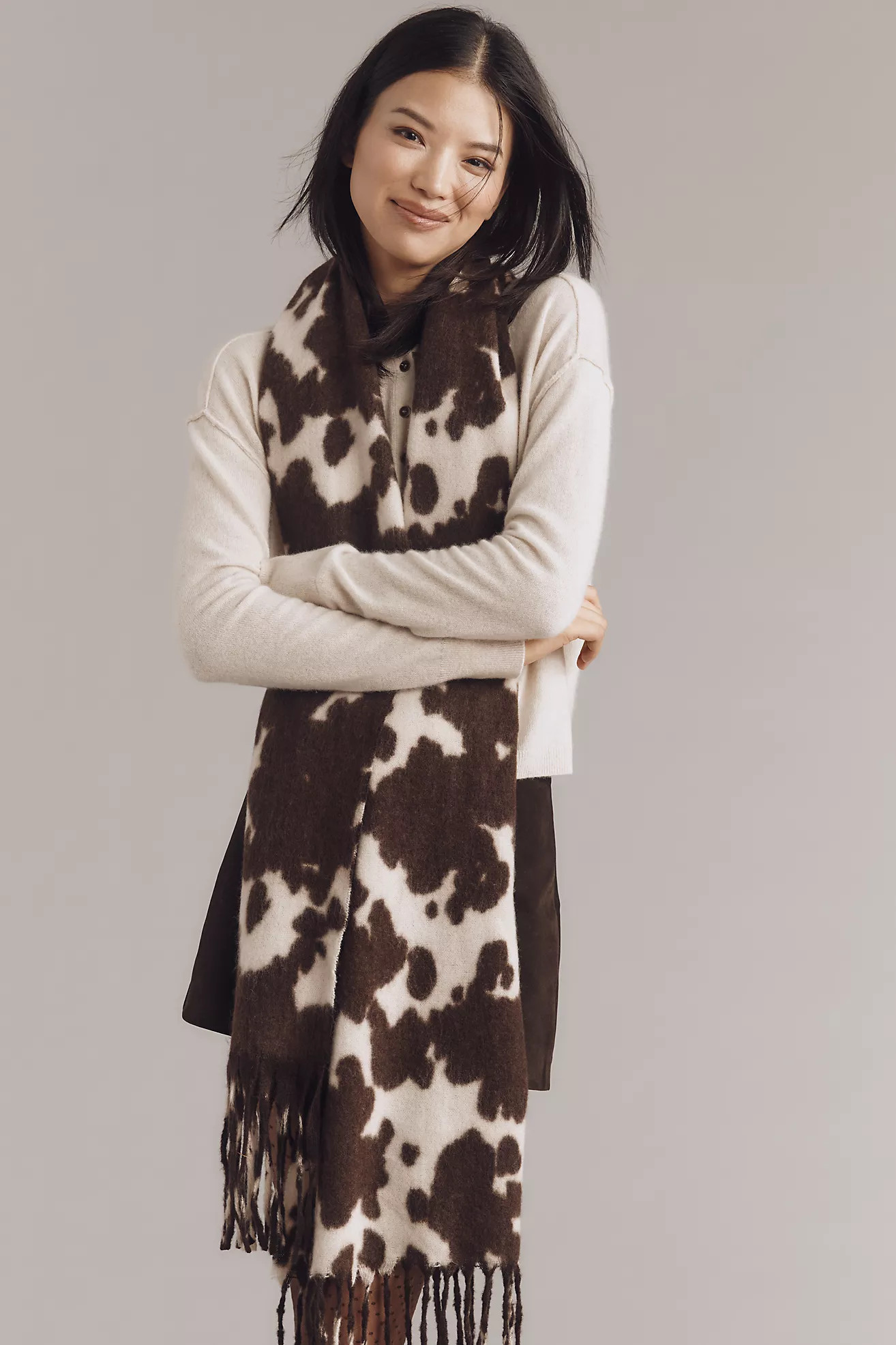 Maeve Cow Print Brushed Fringe Scarf | Anthropologie (US)