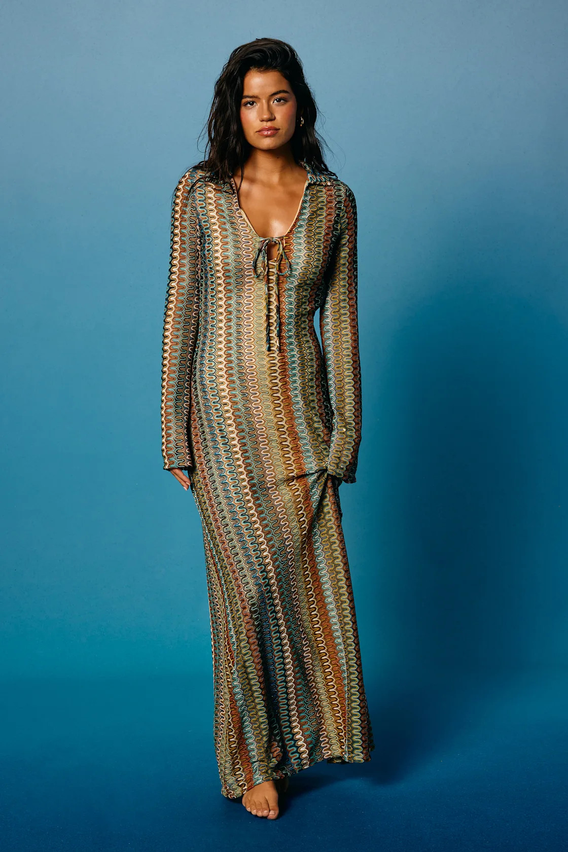 Vernazza Brown Multi Crochet Collared Long Sleeve Maxi Dress | Lulus
