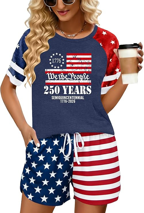 YI XIANG RAN 4th of July 2 Piece Outfits for Women 250 Anniversary USA Shirts American Flag Shirt... | Amazon (US)